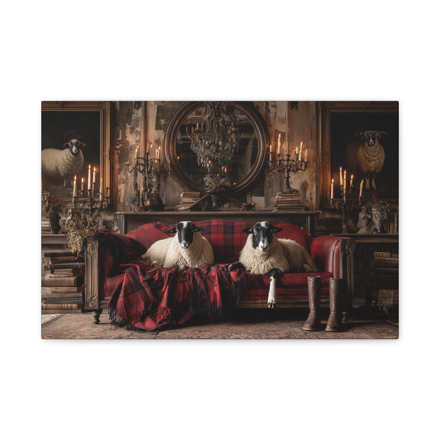 Tartan Sheep in the Library, Canvas Art