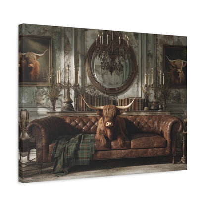Highland Cow in Library, Canvas Art