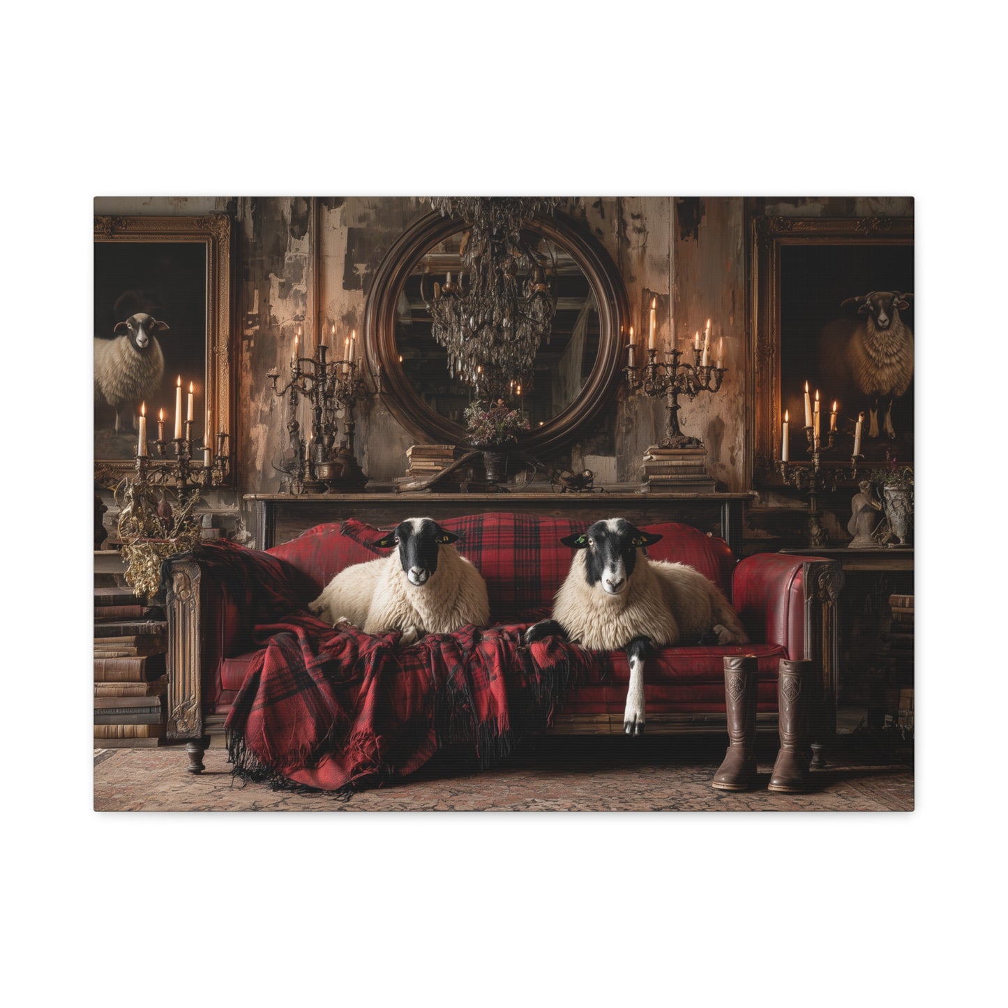 Tartan Sheep in the Library, Canvas Art