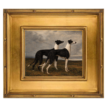 "Regal Hounds Study"  in solid wood, museum quality gold frame, 9"x12"
