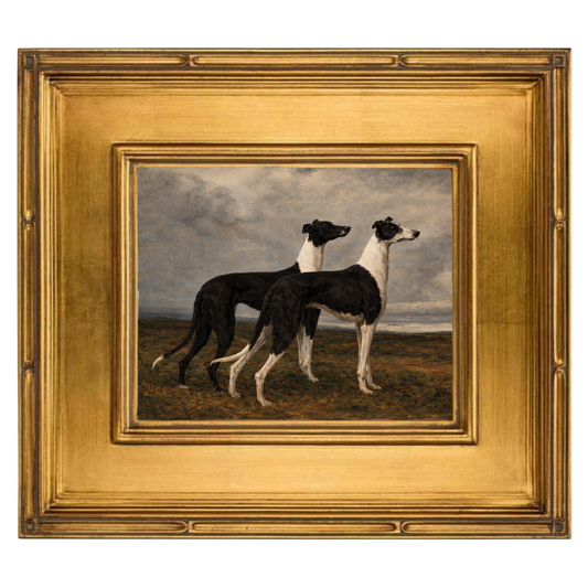 "Regal Hounds Study"  in solid wood, museum quality gold frame, 9"x12"